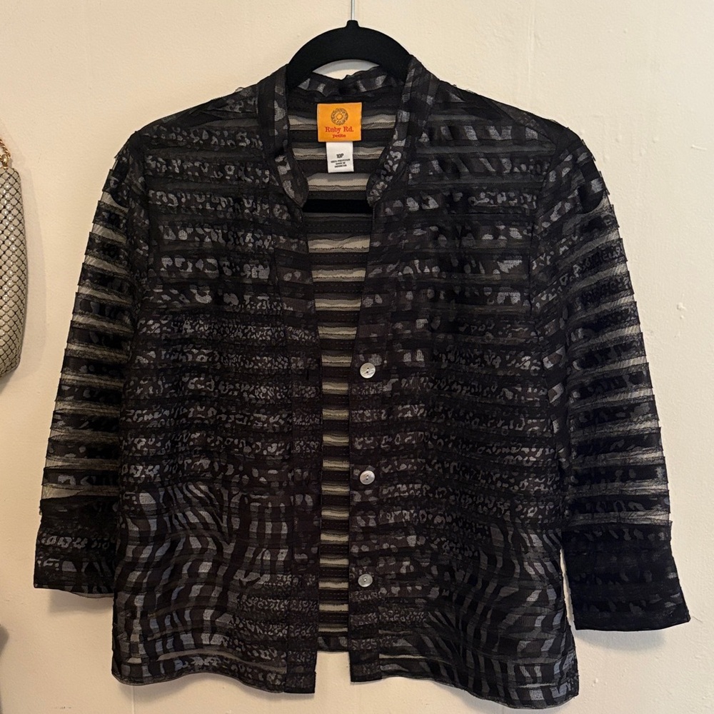Ruby Rd. Black Sheer Patterned Open-Front Jacket - image 1